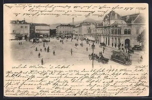 AK Nice, La Place Massena, Strassenbahn