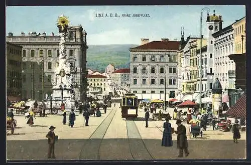 AK Linz a. d. D., Franz Josefplatz mit Strassenbahn