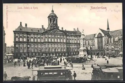 AK Amsterdam, Dam. Paleis & Kerk, Strassenbahn