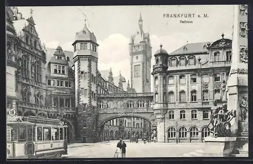 AK Frankfurt a. M., Rathaus, Strassenbahn
