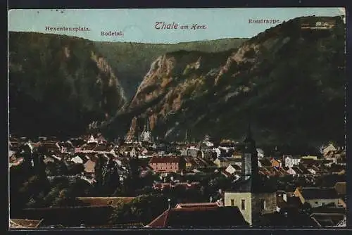 AK Thale am Harz, Ortsansicht mit Kirche, Hexentanzplatz und Rosstrappe