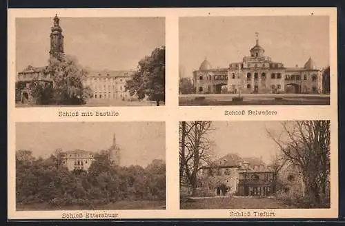 AK Weimar / Thüringen, Schloss mit Bastille, Schloss Belvedere, Schloss Ettersburg und Schloss Tiefurt