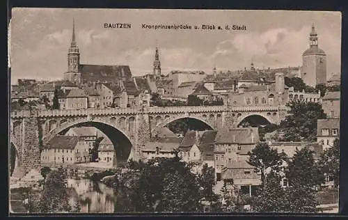 AK Bautzen, Kronprinzenbrücke und Blick auf die Stadt
