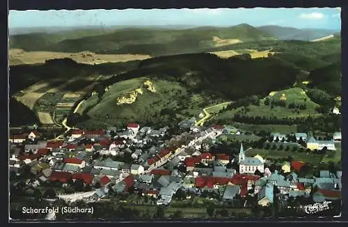 AK Scharzfeld /Südharz, Ortsansicht mit Kirche aus der Vogelschau