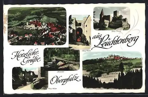 AK Leuchtenberg /Opf., Ortsansicht mit Burg aus der Vogelschau, Burg-Ruine
