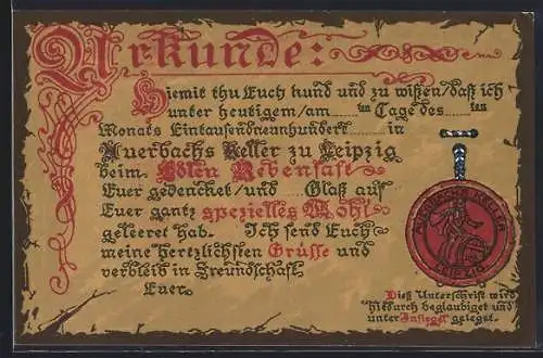 Künstler-AK Leipzig, Urkunde des Auerbach Kellers