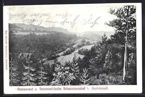 AK Schwarzenshof b. Rudolfstadt, Ortsansicht mit Wäldern