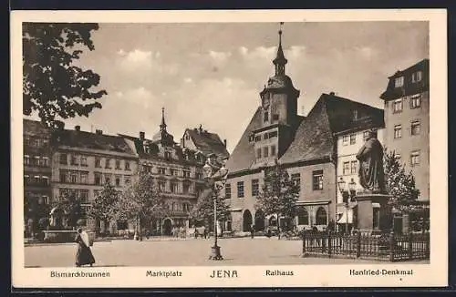 AK Jena, Marktplatz mit Bismarckbrunnen, Rathaus und Hanfried-Denkmal