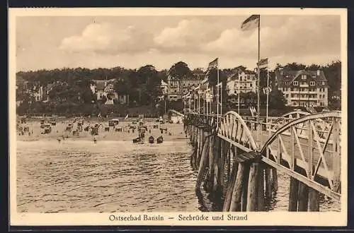 AK Bansin, Seebrücke und Strand mit Badegästen