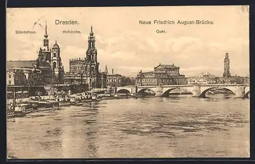 AK Dresden, Ständehaus, Hofkirche, Oper und Neue Friedrich August-Brücke