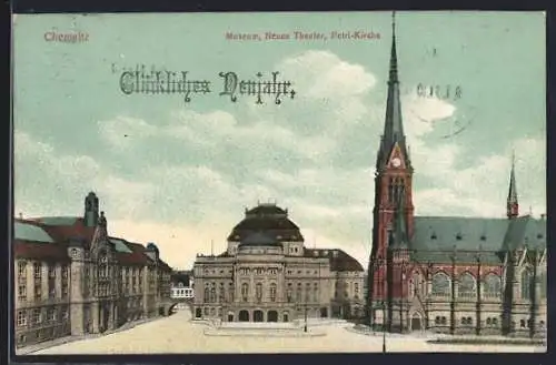 AK Chemnitz, Museum, Neues Theater und Petri-Kirche