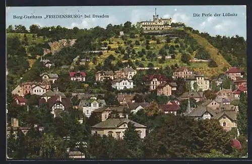 AK Radebeul-Kötzschenbroda, Berg-Gasthaus Friedensburg mit Ortsansicht