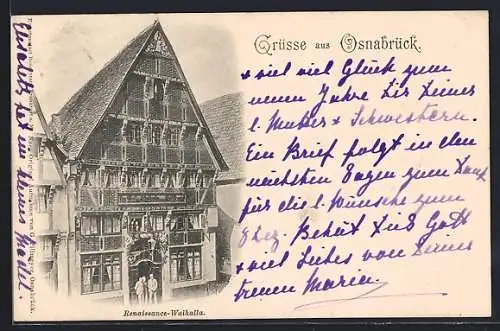 AK Osnabrück, Renaissance-Walhalla mit Besuchern vor der Tür