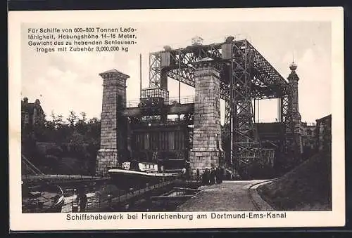AK Henrichenburg am Dortmund-Ems-Kanal, Schiffshebewerk mit Dampfer und Arbeitern