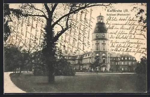 AK Karlsruhe i. B., Schloss von der Parkseite mit Gartenanlagen