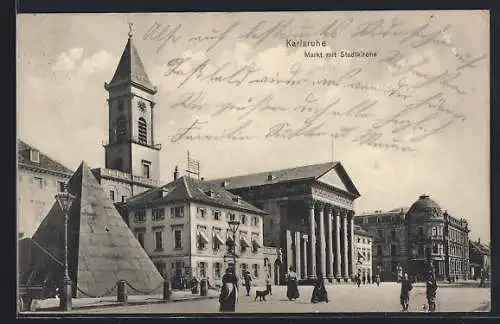 AK Karlsruhe, Stadtkirche u. Pyramide am Markt