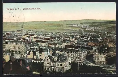 AK Plauen i. V., Gesamtansicht aus der Vogelschau