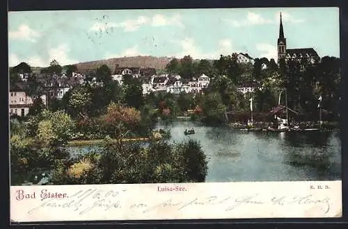 AK Bad Elster, Luisa-See mit Kirche und Ruderboot