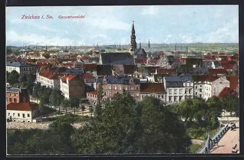 AK Zwickau i. Sa., Gesamtansicht aus der Vogelschau mit Panorama