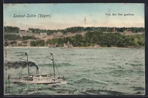 AK Sellin /Rügen, Von der See gesehen mit Dampfer und Wellengang