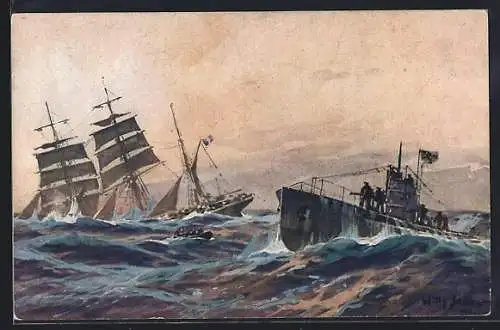 Künstler-AK Stoewer: Französiche Bark wird durch deutsches U-Boot im Atlantik versenkt