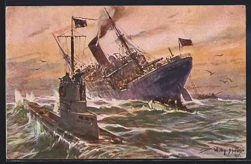 Künstler-AK Willy Stoewer: Kolonialkriegerdank, Vernichtung eines engl. Handelsdampfers durch ein dt. Unterseeboot