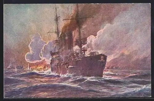 Künstler-AK Stoewer: Beschiessung von Madras, Britisch-Ostindien, durch S.M. Kreuzer Emden