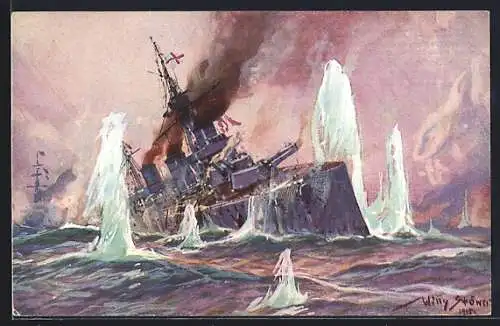Künstler-AK Stoewer: Nordsee, Seegefecht, 24.1.1915, Deutsche Kreuzer bombardieren englischen Schlachtkreuzer