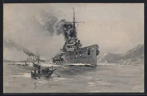 Künstler-AK Stoewer: S.M. Göben und Breslau Panzerkreuzer verlassen Messina