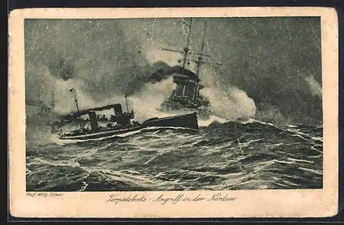 Künstler-AK Willy Stoewer: Torpedoboots-Angriff in der Nordsee