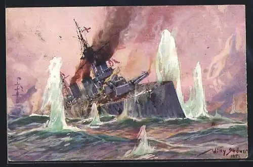 Künstler-AK Stoewer: Nordsee, Seegefecht, 24.1.1915, Deutsche Kreuzer bombardieren englischen Schlachtkreuzer