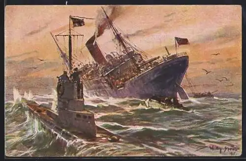 Künstler-AK Willy Stoewer: Kolonialkriegerdank, Vernichtung eines engl. Handelsdampfers durch ein dt. Unterseeboot