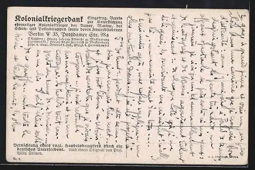 Künstler-AK Willy Stoewer: Kolonialkriegerdank, Vernichtung eines engl. Handelsdampfers durch ein dt. Unterseeboot