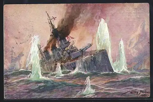 Künstler-AK Stoewer: Nordsee, Seegefecht, 24.1.1915, Deutsche Kreuzer bombardieren englischen Schlachtkreuzer