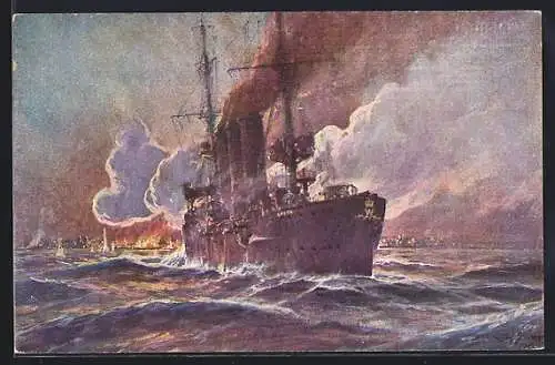 Künstler-AK Stoewer: Beschiessung von Madras, Britisch-Ostindien, durch S.M. Kreuzer Emden