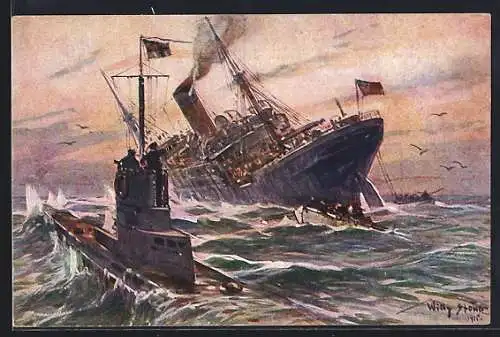 Künstler-AK Willy Stoewer: Kolonialkriegerdank, Vernichtung eines engl. Handelsdampfers durch ein dt. Unterseeboot