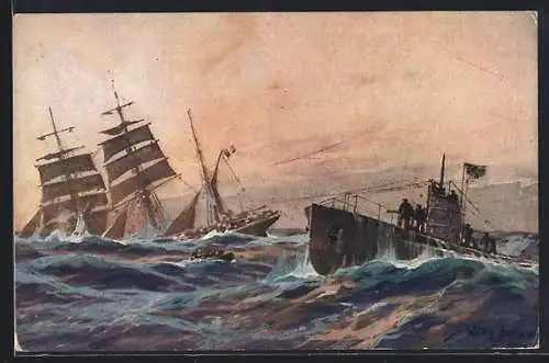 Künstler-AK Stoewer: Französiche Bark wird durch deutsches U-Boot im Atlantik versenkt