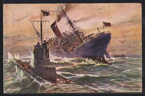 Künstler-AK Willy Stoewer: Kolonialkriegerdank, Vernichtung eines engl. Handelsdampfers durch ein dt. Unterseeboot