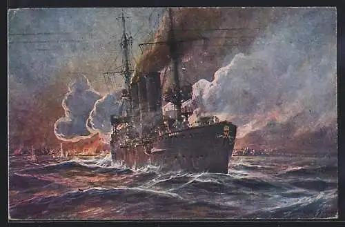 Künstler-AK Stoewer: Beschiessung von Madras, Britisch-Ostindien, durch S.M. Kreuzer Emden