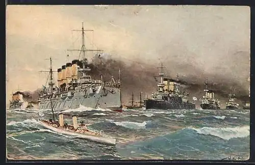 Künstler-AK Willy Stoewer: Panzerkreuzerflottille in Fahrt