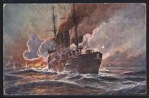 Künstler-AK Stoewer: Beschiessung von Madras, Britisch-Ostindien, durch S.M. Kreuzer Emden