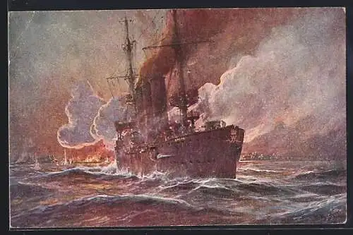 Künstler-AK Stoewer: Beschiessung von Madras, Britisch-Ostindien, durch S.M. Kreuzer Emden