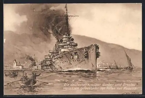AK Messina, Deutsche KReuzer Goeben und Breslau verlassen gefechtsklar den Hafen