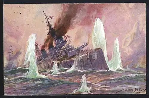 Künstler-AK Stoewer: Nordsee, Seegefecht, 24.1.1915, Deutsche Kreuzer bombardieren englischen Schlachtkreuzer