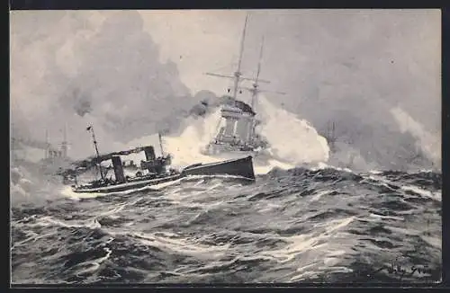 Künstler-AK Willy Stoewer: Torpedoboots-Angriff an der Nordsee