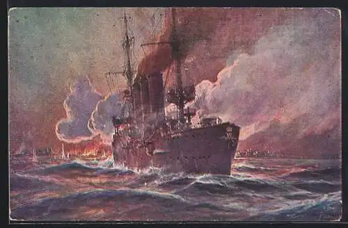 Künstler-AK Stoewer: Beschiessung von Madras, Britisch-Ostindien, durch S.M. Kreuzer Emden