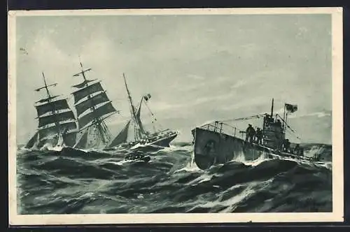Künstler-AK Willy Stoewer: Französische Barke durch deutsches U-Boot im Atlantik versenkt