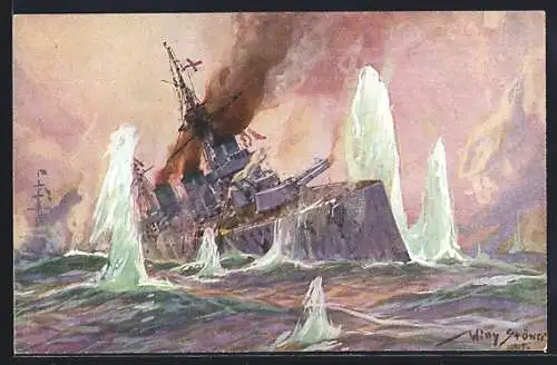 Künstler-AK Stoewer: Nordsee, Seegefecht, 24.1.1915, Deutsche Kreuzer bombardieren englischen Schlachtkreuzer