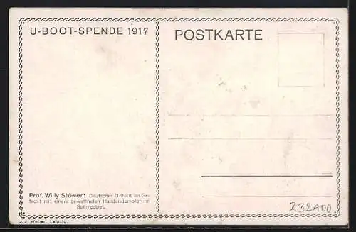 Künstler-AK Stoewer: Deutsches U-Boot im Gefecht mit feindlichem bewaffneten Handelsdampfer