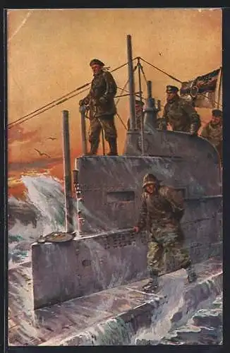 Künstler-AK Stoewer: U-Boot, Kommandoturm, Reichskriegsfahne